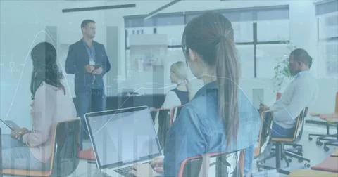 Statistical data processing over caucasian businessman giving a presentatio.. 库存照片