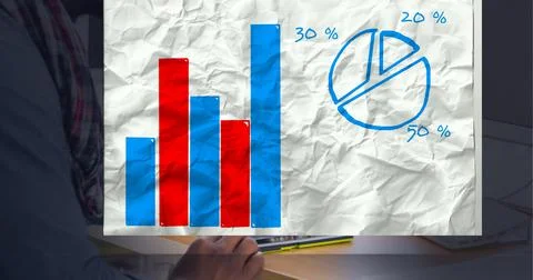 Statistical data processing over crumbled paper against mid section of man using 스톡 사진