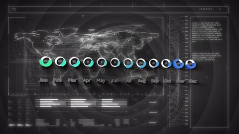 Statistical data processing over digital interface with data processing on grey Stock Footage 330586413