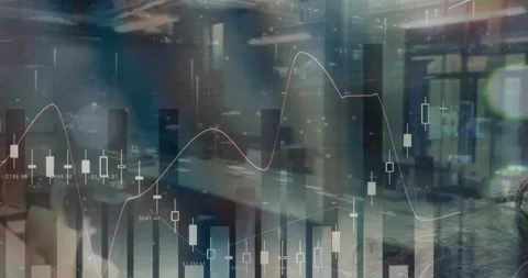 Statistical data processing over empty office against aerial view of city Stock Footage 328518144