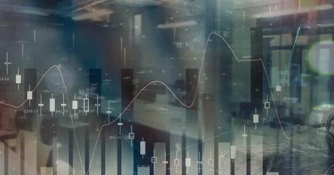 Statistical data processing over empty office against aerial view of city Stock Photos
