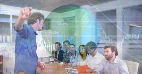 Statistical data processing over a globe against caucasian man giving a 스톡 사진