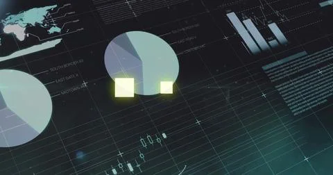 Statistical data processing over glowing yellow squared shapes pulsating against Stock Photos