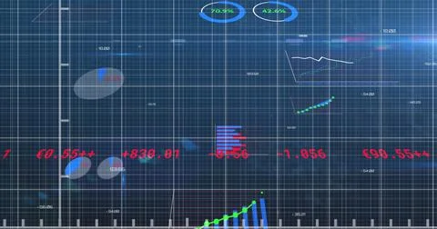 Statistical data processing over grid network against blue background Stock Illustration