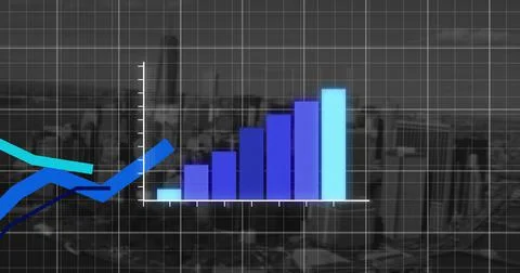 Statistical data processing over grid network against cityscape in background Stock Illustration
