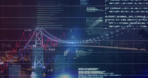 Statistical data processing over grid network against view of cityscape at night Ilustración de archivo