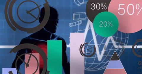 Statistical data processing over human heart against human body model on blue Illustrazione stock