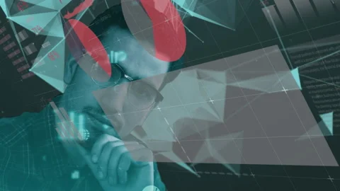 Statistical data processing over man with hand on chin against plexus networks Stock Footage 141702061