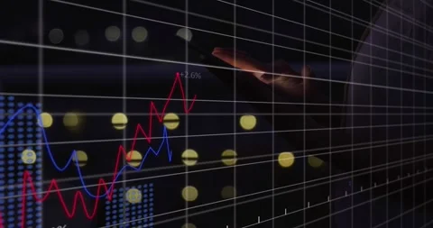 Statistical data processing over mid section of woman using smartphone Stock Footage 329032495