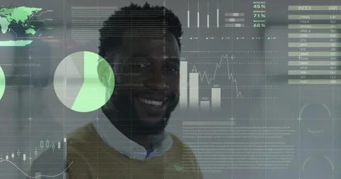 Statistical data processing over portrait of african american man smiling at Foto stock