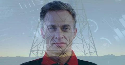 Statistical data processing over portrait of senior man with arms crossed Stock Photos