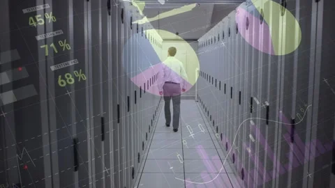Statistical data processing over rear view of man walking in computer server Stock Footage 328974046