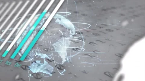 Statistical data processing over spinning globe against binary coding on grey Stock Footage 327357661