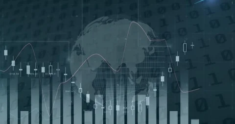 Statistical data processing over spinning globe against binary coding data Stock Footage 328315209