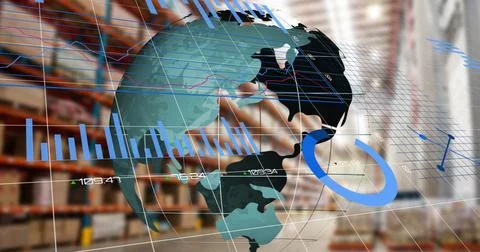 Statistical data processing over spinning globe against warehouse in background Stock Photos