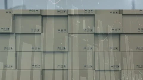 Statistical data processing over stack of delivery boxes against warehouse Stock Footage 157678233