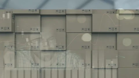 Statistical data processing over stack of delivery boxes against caucasian man Stock Footage 157678250