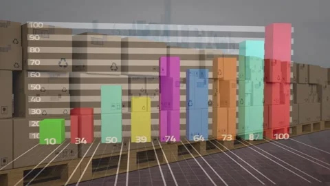 Statistical data processing over stack of delivery boxes against cityscape Stock Footage 157930908
