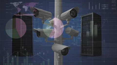 Statistical data processing over surveillance cameras and two computer servers Stock Footage 329419589