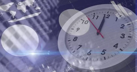 Statistical data processing over ticking clock against tall buildings in Ilustración de archivo