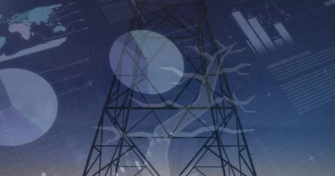 Statistical data processing over tree icon and mobile network tower against Stock Photos