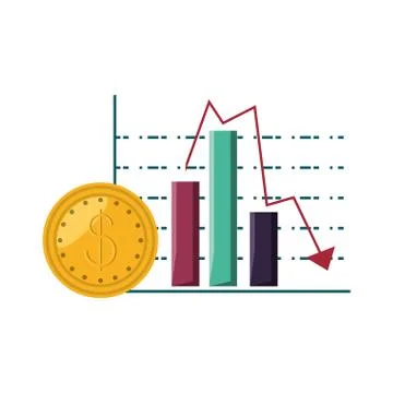 Statistical graphics in bars with arrow down and coin Stock Illustration