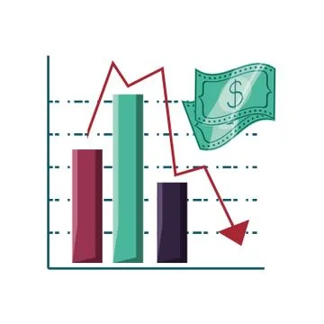 Statistical graphics in bars with arrow down and bills dollar Stock Illustration