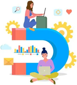 Statistical presentation with laptop. People work with statistics, data settings Stock Illustration