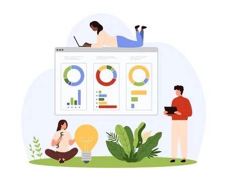 Statistics analysis of marketing data and pie charts, tiny people work with Stockillustratie