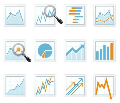 Statistics and analytics data icons with diagrams Stock-Illustration