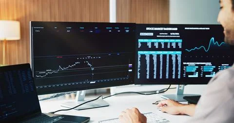 Statistics, computer screen and business man with finance graph for stock m.. Stock Photos