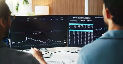 Statistics, computer screen and business people with finance graph for stoc.. Stock Photos