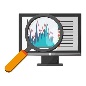 Statistics on computer screen with magnifying glass Stock Illustration