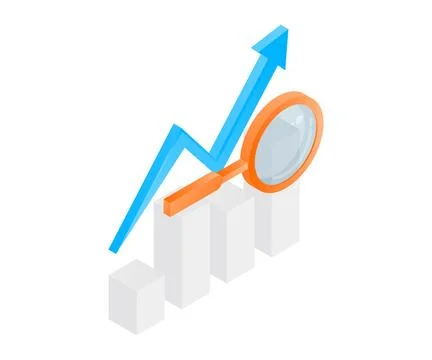 Statistics data with arrow up and magnifying glass of isometric style Illustrazione stock