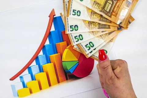 Statistics graph with 50 bills and woman hand doing ok 写真素材