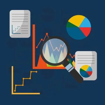 Statistics graphs pie chart presentation search file Stock Illustration
