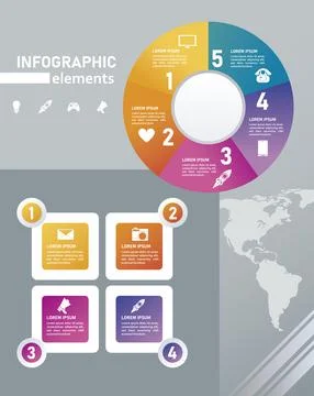 Statistics infographics steps with circle and square in gray background Stock Illustration