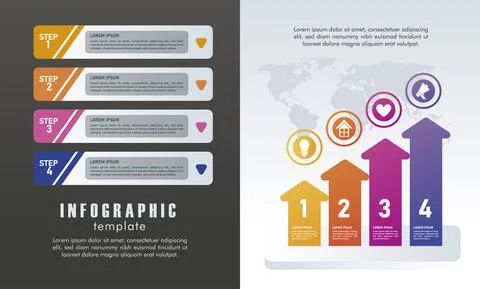 Statistics infographics steps with numbers and arrows in gray and black Stock Illustration