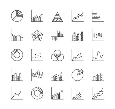 Statistics - line icon set. Collection of 25 graphs/charts/diagrams.  Ilustración de archivo