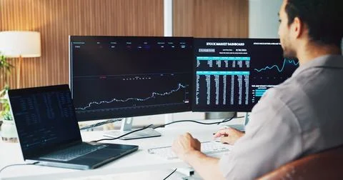 Statistics, screen and businessman on tech with finance graph for stock mar.. 写真素材