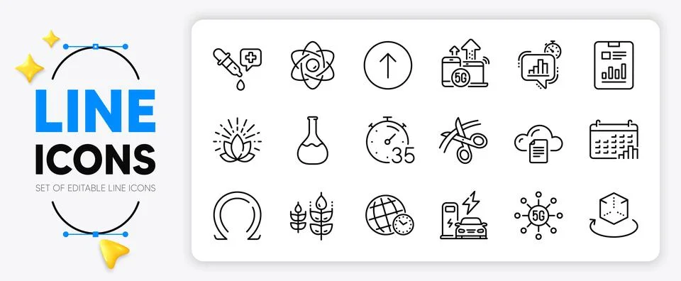 Statistics timer, Calendar graph and Augmented reality line icons. For web app Stock Illustration