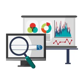 Statistics whiteboard and computer with magnifying glass Stock Illustration