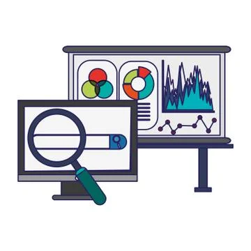 Statistics whiteboard and computer with magnifying glass blue lines Stock Illustration