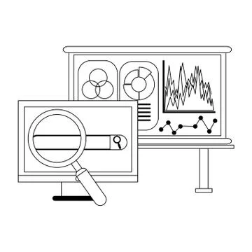 Statistics whiteboard and computer with magnifying glass black and white Stock Illustration