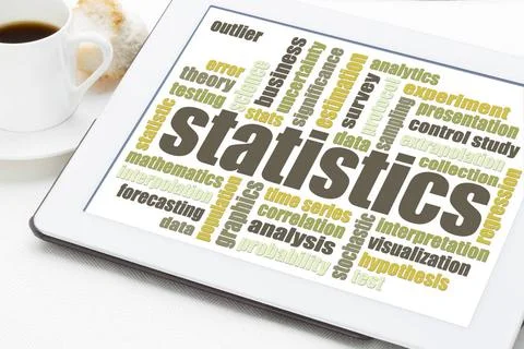  statistics word cloud on tablet statistics and data analysis word cloud o... Foto stock