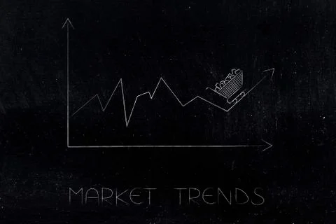 Stats graph with sales going up and shopping cart on top of the arrow Ilustração Stock