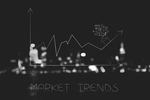 Stats graph with sales going up and parcel with products on top of the arrow Stock Illustration