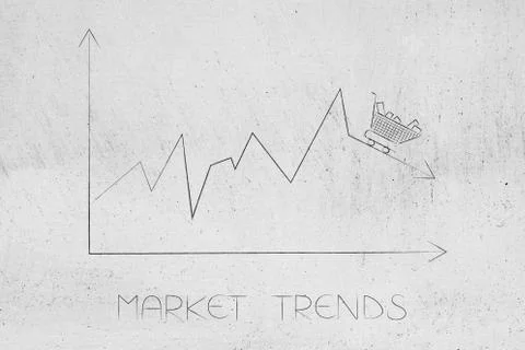 Stats graph with sales going down and shopping cart on top of the arrow Stock Illustration