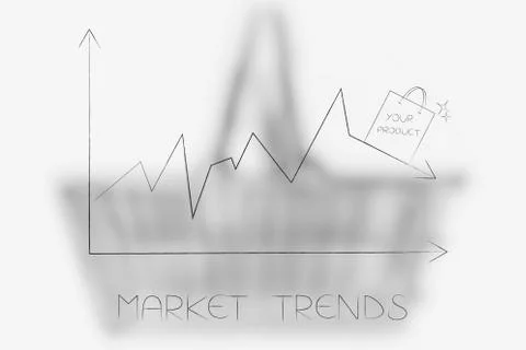 Stats graph with sales going down and shopping bag on top of the arrow Stock Illustration