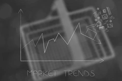Stats graph with sales going down and parcel with products on top of the arro Stock Illustration